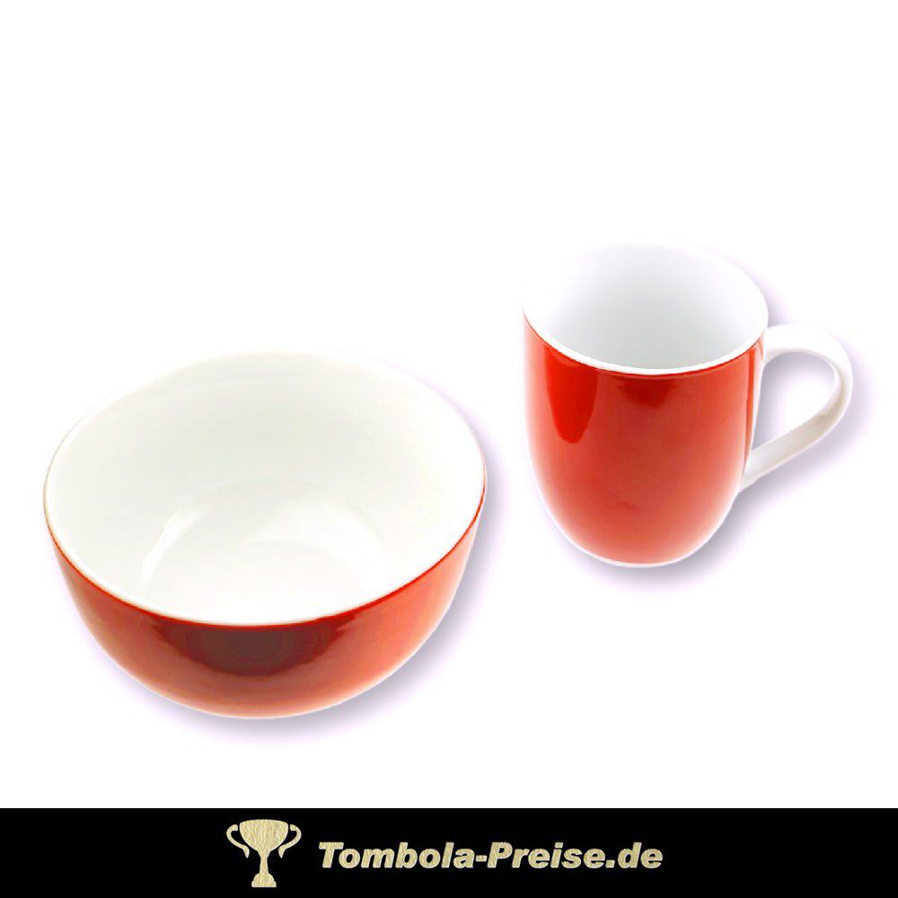 M&uuml;slischale und Kaffeebecher rot-wei&szlig;