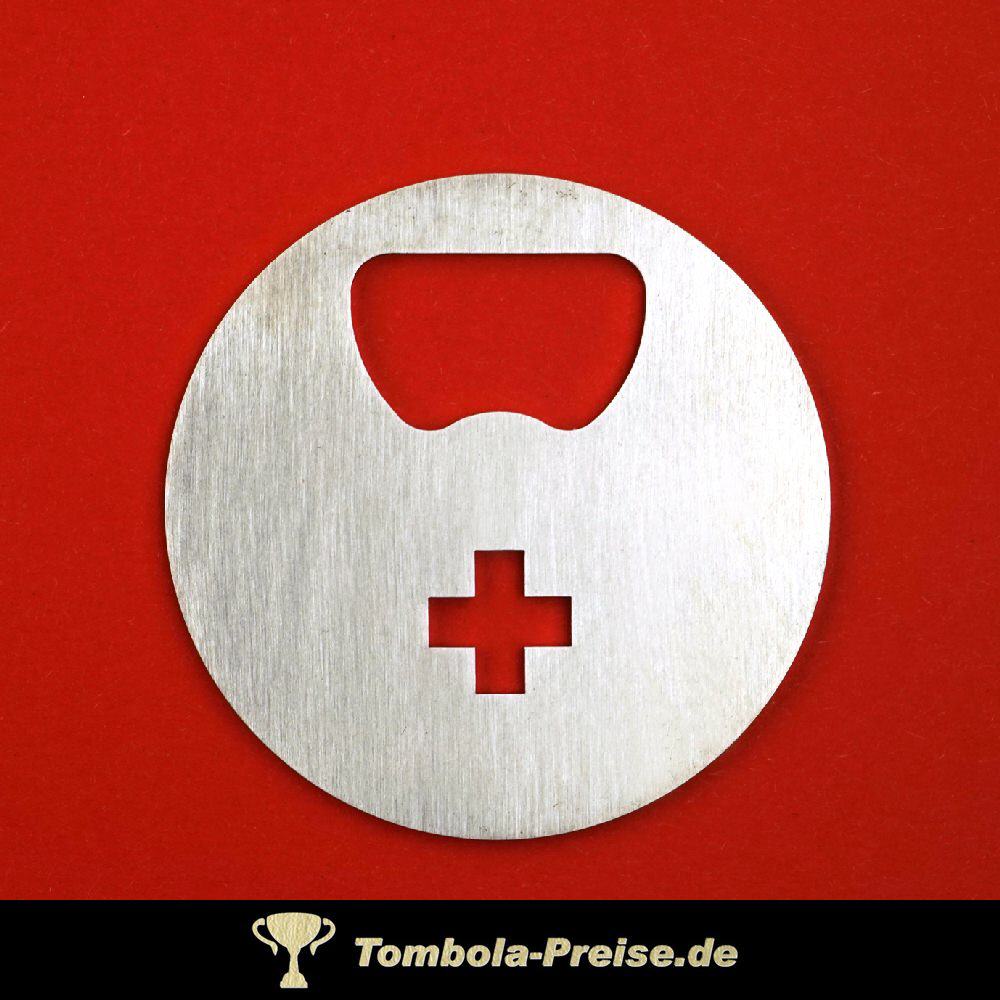 Flaschen&ouml;ffner rund mit Ausstanzung Kreuz