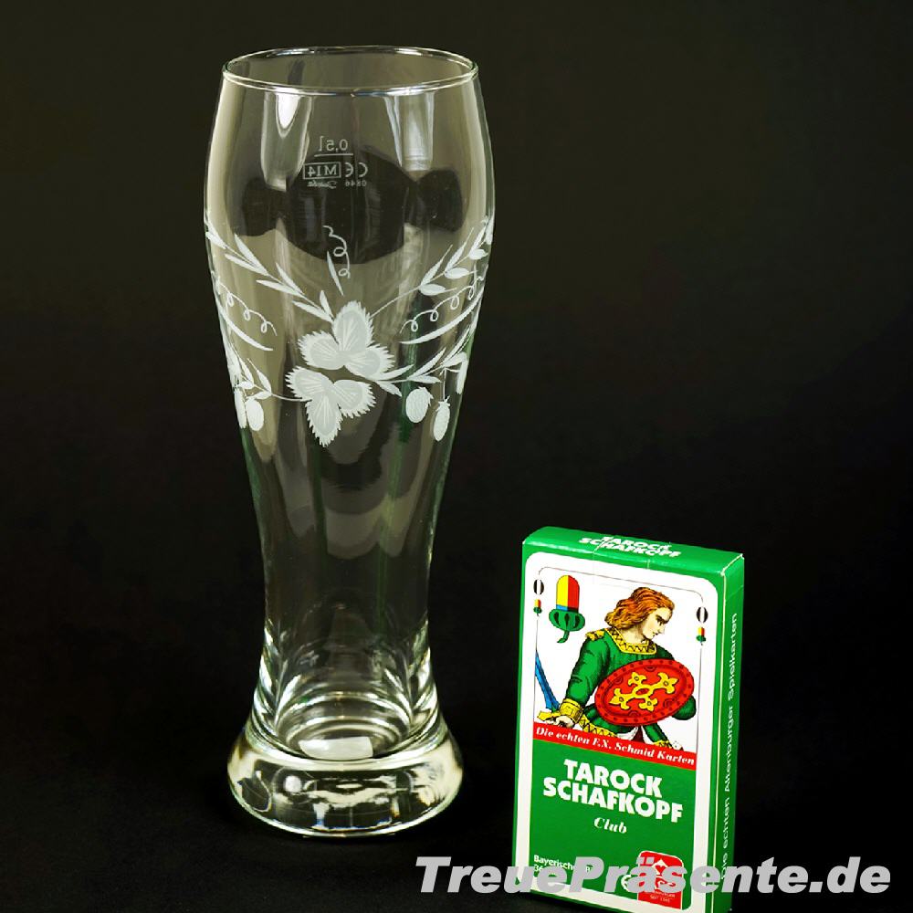 TreuePr&auml;sent Geschenkset Weizenbierglas & Schafkopfkarten